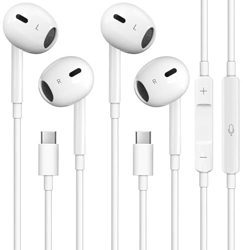 2 Pack USB C Headphones, Wired USB C Earphones with Microphone and Volume Controller,HiFi Stereo In Ear Type C Earbuds, for iPhone 15/16/17 Pro Max, iPad Pro,Samsung Galaxy S21S20 Pixel 9