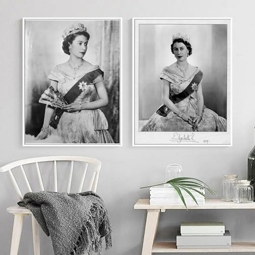 LHHJF LJHFA Queen Elizabeth II. Poster Vintage-Porträt Wandkunst Queen Elizabeth Leinwand Gemälde und Drucke Nordic Home Decor Bild 50x70cmx2 Ohne Rahmen