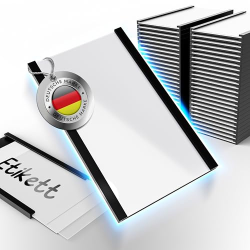 GRAVENIO Magnetschilder 30 x 50 mm, 50 Stück – Etikettenhalter C-Profil | Mit Papiereinlagen und Schutzfolien, beschriftbar und austauschbar, für Metallregale in Lager, Büro und Verkauf