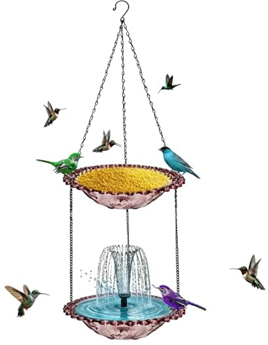 Fontaines Bain d'oiseaux Suspendues Cascade Solaire, Bain d'oiseaux en Cascade Solaire Fontaine À Oiseaux De Bains avec Plateau Repas pour Jardin, Terrasse, Piscine, Balcon, Cour