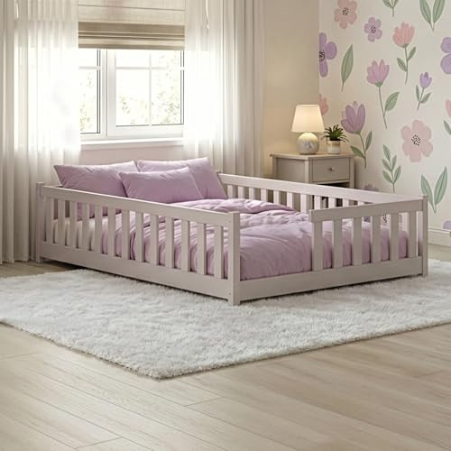 Kids Collective Kinderbett Bodenbett mit Rausfallschutz & Lattenrost Montessori Bett Bed Gitterbett Kinder Jugendbett Einzelbett | 120x200 cm | Kaschmir