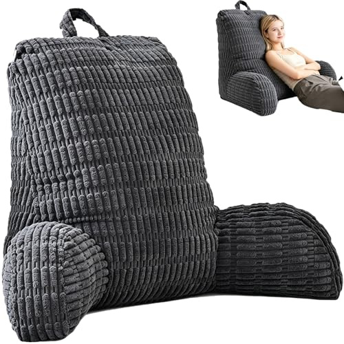 Gobanwei Lesekissen für Bett und Sofa, Waschbares Rückenkissen mit Seitlicher Armlehne und Aufbewahrungstasche, Ergonomisches Bequemes Sitzkissen für TV, Lesen & Handyspielen (80x55cm,Dunkelgrau)