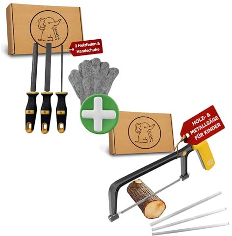 Eli® 3 Holzfeilen Set + Kindersäge für Kinder inkl Schutzhandschuhe | Holzraspel - Werkzeuge für Holz - rund - halbrund - flach Holzbearbeitung - Kinderwerkzeug - Säge Geschenk für Junge Mädchen