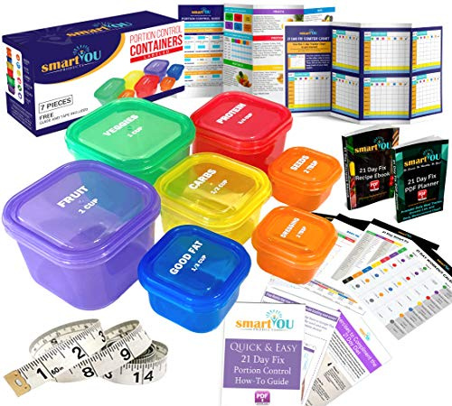 smartYOU Products 21-Tage-Portionskontrollbehälter-Set – Ernährungsdiät, mehrfarbcodiertes Gewichtsverlust-System (evtl. nicht in deutscher Sprache) + PDF-Planer + Rezept-eBook und Maßband – BPA-frei