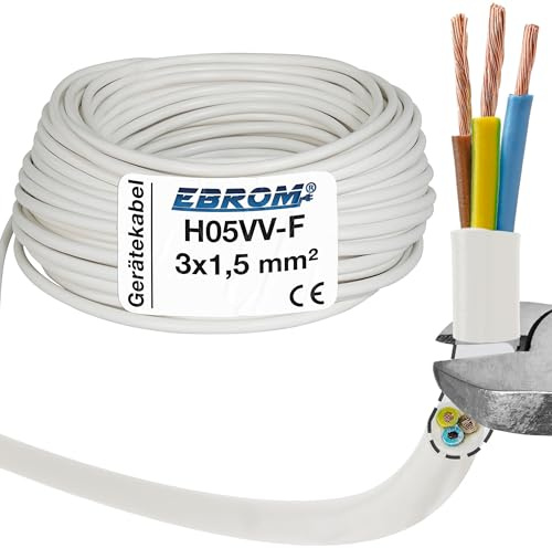 EBROM Schlauchleitung Gerätekabel -RUND- H05VV-F 3x1,5 mm², weiß, 35 m | von 5 bis 150 m - flexibel RUND - 3x1,5 mm2, z.B. für Haushaltsgeräte Elektrowerkzeuge Verlängerung, mittlere Beanspruchungen