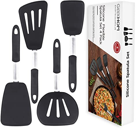 Silicone Spatula Turner Set of 4, GEEKHOM 600°F Heat Resistant Cooking Spatulas for Nonstick Cookware, Large Flexible Kitchen Utensils BPA Free Rubber Spatulas for Pancake, Eggs, Fish, Black