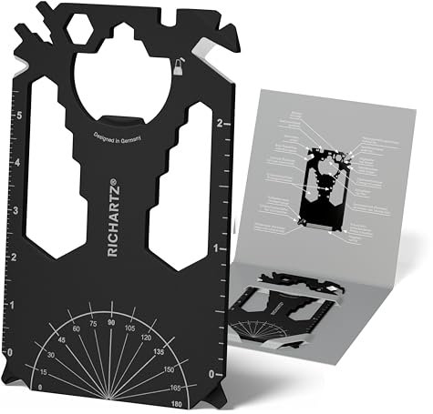 RICHARTZ POCKET CARD black 28+| Multitool Schlüsselanhänger | 28 praktische Funktionen | Hochwertiger, matt gestrahlter Edelstahl | Schlüsselanhänger Werkzeug inkl. Verpackung & Funktionsbeschreibung