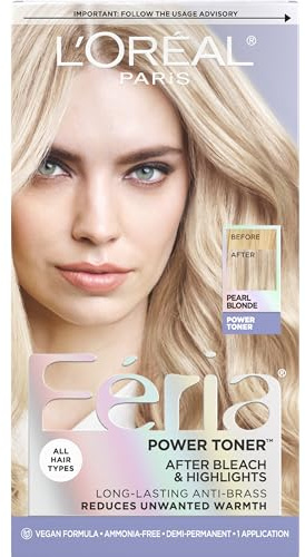 L'Oreal Paris Feria Long-Lasting Anti Brass Power Hair Toner, Ammonia Free Demi Permanent Hair Color, Pearl Blonde Hair Toner, 1 Application