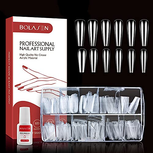 Faux Ongles Cercueil Transparent, BOLASEN 500 pièces Faux Ongles Couverture Complète Ballerine avec Colle, Acrylique à Ongles pour Nail Salon & Bricolage maison, 10 Tailles
