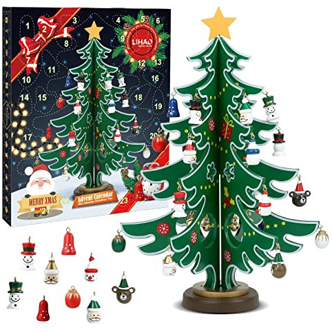 LIHAO Calendario Avvento 2025 Bambini Decorazioni Albero di Natale Piccolo in Legno Addobbi Natalizi Regali Natale Ragazzi Ragazze