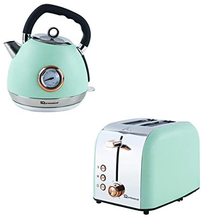 SQ Professional Epoque Breakfast Set 2pc Kettle with Rose Gold Features & Temperature Display 2200W. 2 Slice Toaster with Rose Gold Features, High-Lift & 6 Browning levels 900W (Sea Green)