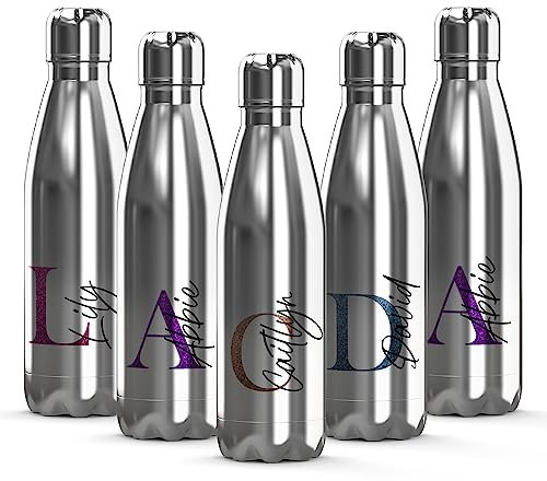 Print Maniacs Personalised Gift Stainless Steel Water Bottle Initial Name Thermal Vacuum Insulated Metal Water Bottle for 12 Hours Hot & 24 Hours Cold Drinks Sports Flask Work Gym 500ml (Silver)