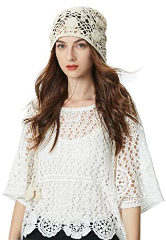 ZLYC Women Baumwolle Strickmütze Handgemacht Gehäkelter Strick Sommer Blumens Mütze(Solides Beige)