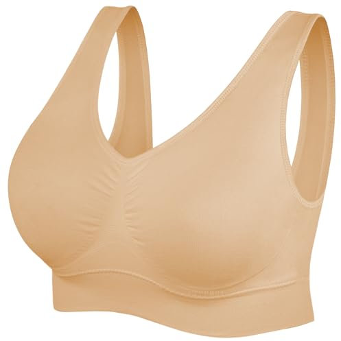 SIMIYA Super Comfort Bra, Womens Sports Bras Removable Pads Plus Size Sleep Bras for Girls in Yoga Bralette Leisure Stretch Crop Tops Vest (L, 1 Pack Beige)
