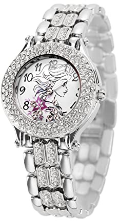Disney Adult Round CZ Stone Analog Quartz Floating Stones Bracelet Watch, Silver, Elsa