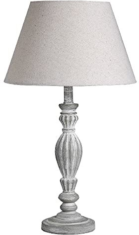 Grey Washed Wood Vintage Rustic Table Lamp with Linen Fabric Tapered Shade | 40cm Height | 1 x SES E14 Lamp Bulb Required | UK Approved | in-Line On Off Switch | Wooden Hand Carved