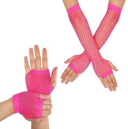 Yolev 2 Paar Netzhandschuhe Neonpink Damen Fingerlose Handschuhe Lang Kurz Netzhandschuhe 80er-Jahre Retro Party Disco Maskerade Kostüm Zubehör
