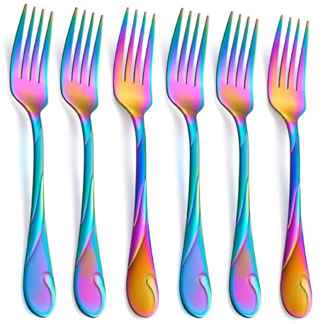 Seeshine Set di Forchette Arcobaleno 6 Pezzi – Forchette da Tavola in Acciaio Inossidabile 18/0 19,8 cm – Finitura Iridescenza a Specchio – Lavabili in Lavastoviglie