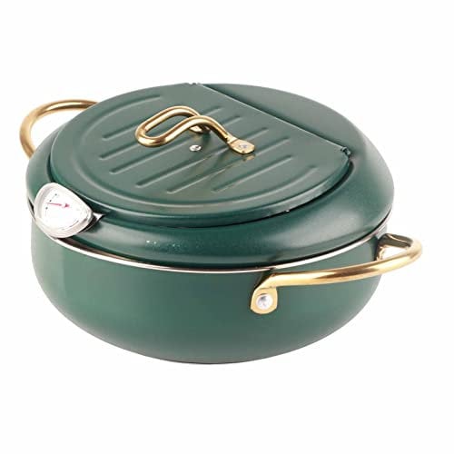 Deep Fryer Pan Stainless Steel Tempura Frying Pot Japanese Style Fryer with Thermometer,Lid and Oil Drip Rack, for Induction Cooker,Deep Green