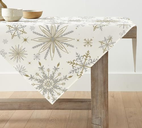 Artoid Mode Gold Schneeflocken Weihnachten Tischdecke, Saisonnal Tischwäsche Winter Küche Tisch Dekoration Drinnen Urlaub Party Dekor 85x85 cm