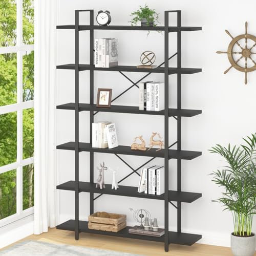 HSH 6 Tier Tall Modern Large Storage Book Shelves Display Book Shelf,Industrial Open Vertical Metal and Wood Black Bookcases 6 Shelf for Bedroom Living Room Office, Black Oak