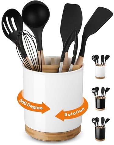 LoeJan 3 Compartment Utensil Holder, Extra Large Crock, Stable Ceramic Organizer, Cooking Tool Set for Kitchen Counter Farmhouse Decor (C-White)