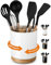 LoeJan 3 Compartment Utensil Holder, Extra Large Crock, Stable Ceramic Organizer, Cooking Tool Set for Kitchen Counter Farmhouse Decor (C-White)