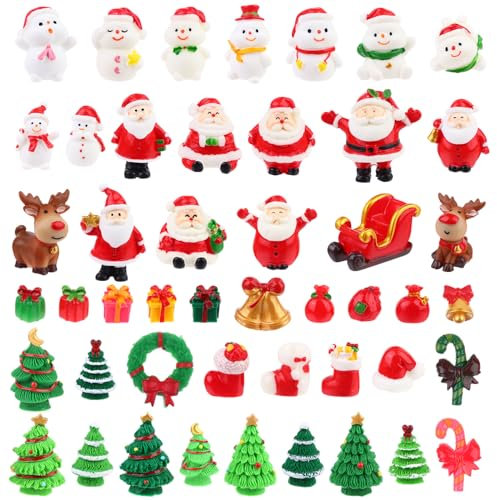 Peerless 48Pcs Christmas Miniature Figurines Christmas Desktop Decor Xmas Resin Ornaments Mini Crafts Resin Santa Claus Snowman Elk Christmas Tree Bell Red Hat Socks Xmas Tree Ornaments Kit