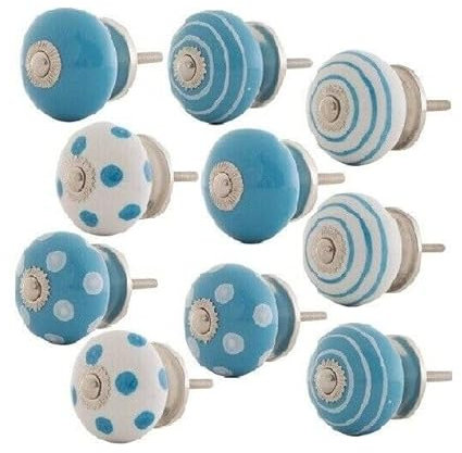 The Boho Street 10 X Stück Blau Weiß Hochwertige Keramik-Türgriffe - Verschiedene 10 Keramikknöpfe in Blau und Weiß | gemischte Designs, Schranktürknöpfe | Schubladengriffe