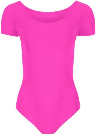 Hamishkane - Body a maniche corte per ragazze, per danza, balletto, ginnastica, bambini, tinta unita, elasticizzato, microfibra, tuta da ginnastica, rosa fluo, 7-8 Jahre