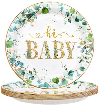 TOPWAYS Baby Shower Decorations 23cm Plates, Eucalyptus Baby Shower Decorations Boy Girls Neutral Baby Party Disposable Paper Plates for Baby Shower Gender Reveal Decoration (Plates 9inch 24pcs)