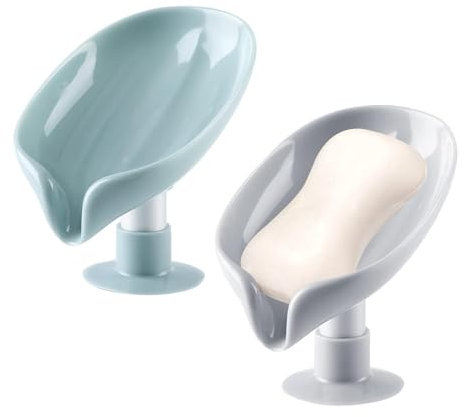 Wekuw 2 Pièces Porte Savon Forme Feuille Plastique Porte Savon Feuille Vidange Automatique Drain Porte Savon Feuille Porte Savon Ventouse Adapté aux Éviers, Salles de Bains et Cuisines