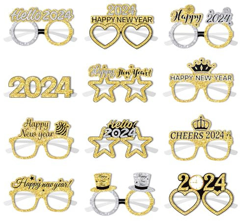 XQMMGO 12 Stücke 2024 Silvester Brille, 2024 Silvester Brille Happy New Year, Happy New Year Partybrillen, Erwachsene Silvester Deko 2024, Frohes Neues Jahr Brillen Silvester Deko für Party
