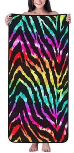 Buntes Regenbogen-Zebra-Korallen-Samt-Badetuch – luxuriöses, weiches und saugfähiges Frottee-Handtuch für Spa, Fitnessstudio, Strand und Reisen – extra großes 68,6 x 139,7 cm Badezimmer-Handtuch,