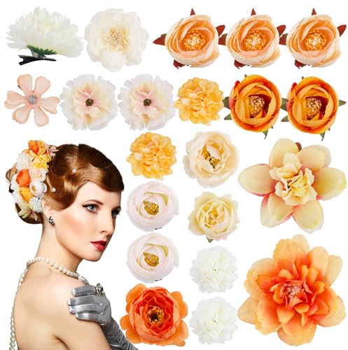 21PCS Barrette Fleur Artificielle Orange Pince à Cheveux Bohême Hair Clips Multicolore Epingle à Cheveux pour les Femmes Filles Hawaii Coiffure de Carnaval Danseuse Piscine Plage Fête Mariage
