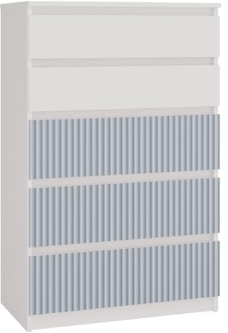 CDF Kommode Malwa M5 | Farbe: Weiß/Blau | Schrank für Dokumente, Kleinigkeiten | Ideal für Wohnzimmer, Schlafzimmer, Kinderzimmer, Jugendzimmer | 5 geräumige Schubladen