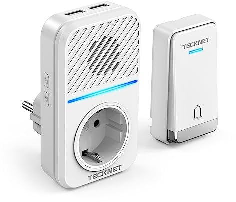 TECKNET Sonnette sans Fil, 400M Sonnette de Porte sans Fil Auto-alimentée, IP65 Étanche Carillon Electronique, Kit de Carillon avec Prises USB Externe et Lumière LED, 60 Mélodies, 5 Niveaux Volumes
