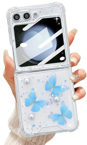 UEEBAI Case for Samsung Galaxy Z Flip 5/6/7 FE, Pretty Bling Butterfly Glitter Case for Women Cute Shiny Sparkle Phone Case for Girls Butterfly Cover Shockproof Slim Fit Case - Blue