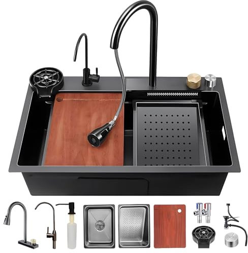 Fregadero De Cocina Para Estación De Trabajo Con Grifo Extraíble De Dos Senos Con Cascada 3 En 1, Juego De Lavabo De Acero Inoxidable, Lavadora De Ollas A Presión, Tabla De Cortar, Cesto De Drenaje Y