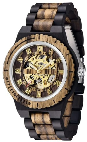 Tiong Herren Holz Mechanische Uhren Skelett Römische Ziffern Automatikaufzug Holzuhr Leichtgewicht für Männer Armbanduhr