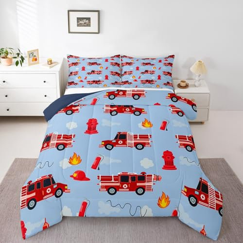 Erosebridal Bettwäsche-Set für Kleinkinder, Feuerwehrauto, Feuerwehrauto, Schmusetuch für Jungen, Mädchen, Kinder, Kampfbedarf, Feuerwehrmann, Auto, Fahrzeug, Bettdecken-Set, Krankenwagen, blau-rote