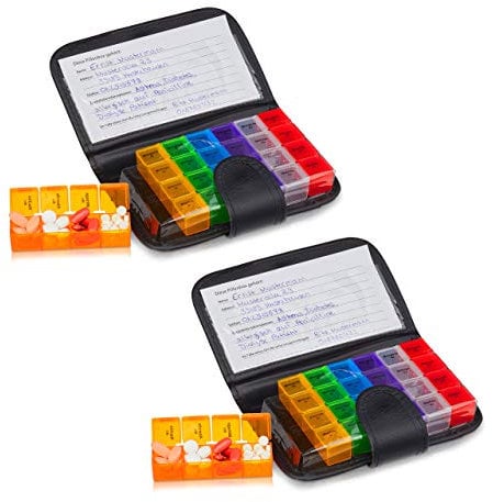 Relaxdays 2 x Tablettenbox mit Etui, 7 Tage, je 4 Fächer, wöchentliche Pillendose für unterwegs & Reise, Tablettenetui, schwarz