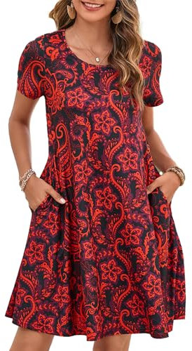 Enmain T-Shirt Dress for Women Summer Short Sleeve Tunic Dress with Pockets Boho Knee Length Ladies Casual, RedBlack, 2XL