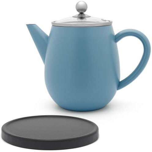 Doppelwandige Teekanne 1.1 Liter - blaue isolierende Edelstahl Kanne Set mit schwarzem Holzuntersetzer & Tee-Filter-Sieb-Einsatz - für lose Teesorten