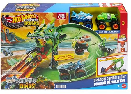 Hot Wheels Spielzeug Monster Trucks, Sharks vs. Dinos Drachenzerstörungs-Spielset mit riesigem Great Bite und Rageasaur im Maßstab 1:64, Rennspaß, um den Cyborg-Feind zu besiegen,JGB06