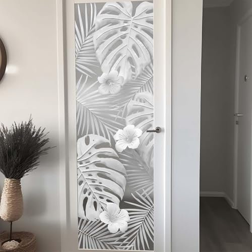 Funlife film fenetre anti regard Plantes tropicales, 3D Imitation verre dépoli film opaque fenetre, Convient pour les salons chambre à coucher salle de Bains Portes vitrées Palmettes hibiscus 58X180CM