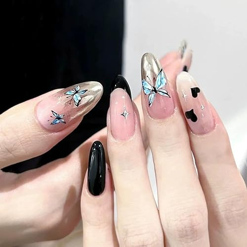 24pcs Medium Almond Press on Nails French Tip Black False Nails Gold Pink Ombre Fake Nails Heart Butterfly Stick on Nails Removable Glue-on Acrylic Nail Tips Spring Summer Accessories for Women