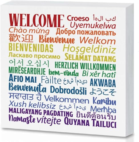 7x7 Inch Welcome In 40 Languages Rustic White Wooden Box Sign Desk Decor,Wood Block Plaque Box Sign For Home Living Room Office Cubicle Table Decoration
