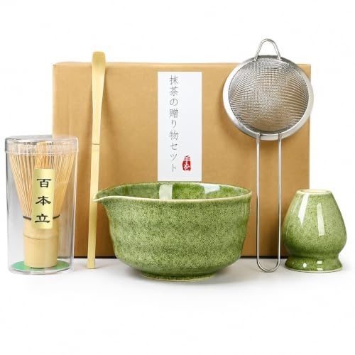 Generisch Traditionelles Japanisches Matcha-Tee-Zeremonie-Set, 5-teilig mit Schale, Halter und Sieb, Grün