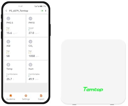 Temtop Luftqualitätsmonitor P2 – Präzise Messung von PM2.5, PM10, CO₂, Temperatur & Luftfeuchtigkeit für Zuhause & Büro | Mit AQI-Anzeige & Bluetooth-App